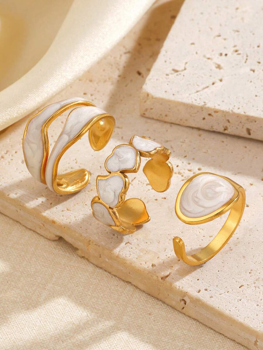 3pcs Stainless Steel Fashion Geometric Open Ring Set, Suitable For Women's Everyday Wear