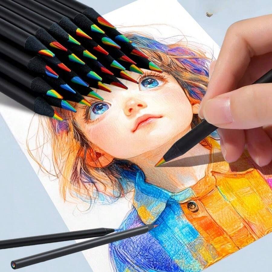 5 pezzi/10 pezzi Penna multicolore in legno nero con nucleo arcobaleno a 7 colori, matita a nucleo arcobaleno a 7 colori, per disegno creativo e graffiti dei bambini
