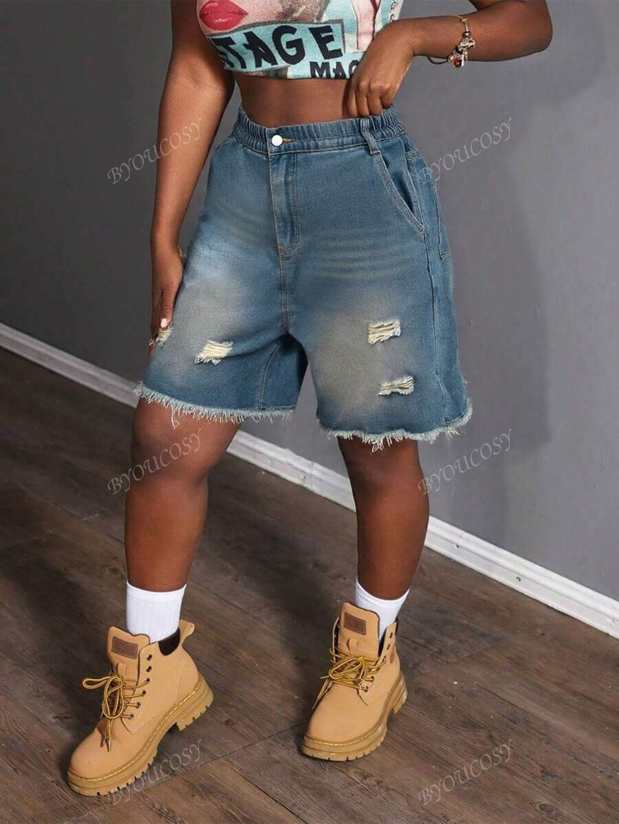 Pantaloncini in jeans larghi stracciati con vita elastica casual estivi da cowgirl, adatti per festival musicali