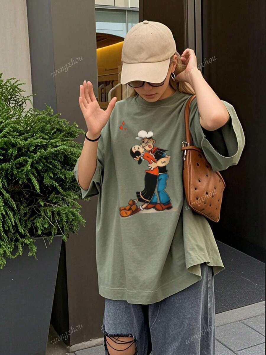 Camiseta casual de manga corta con cuello redondo y gráfico de Popeye para mujer, de uso versátil y de moda para uso diario en primavera/verano