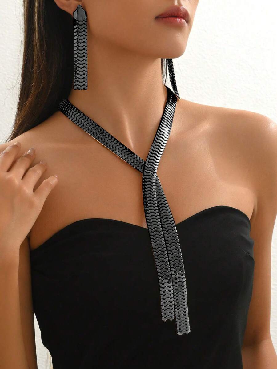 3 pièces Ensemble de collier et boucles d'oreilles en forme de Y, élégant et exagéré, polyvalent, style européen et américain pour soirée