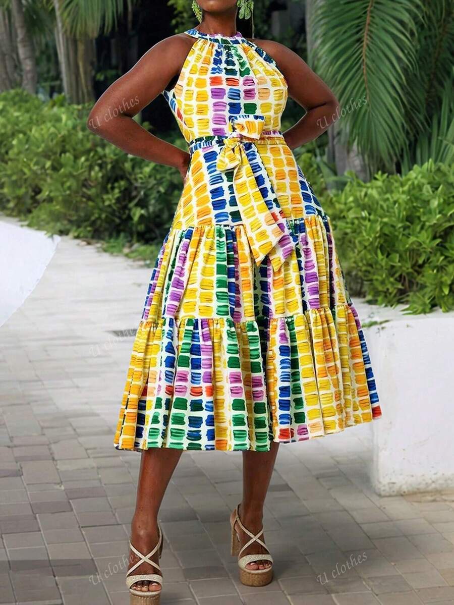 Nuovo stile europeo e americano, abito avvolgente senza maniche con stampa tie-dye, adatto per vacanze, per donne