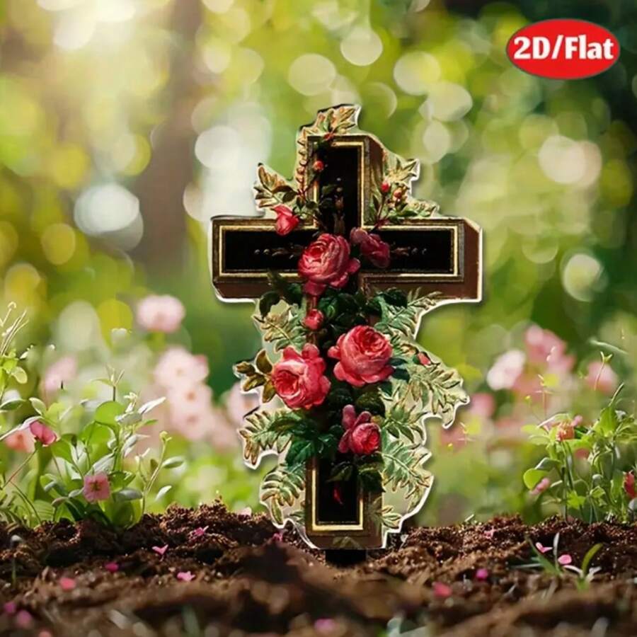 1 pieza, decoración de cruz de flor plana 2D de acrílico, de pie en el suelo, utilizada para jardines exteriores, céspedes, letreros de patios, obras de arte decorativas