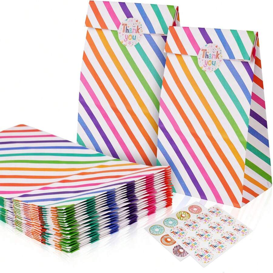 12 pièces, 10 pièces de sacs cadeaux en papier pour anniversaires avec 2 pièces d'autocollants, 24 cm x 13 cm x 8 cm, sacs de fête à rayures arc-en-ciel, sacs cadeaux, sacs de fête avec autocollants de remerciement pour sacs de fête, anniversaires, cadeaux, baby shower, mariages, Noël