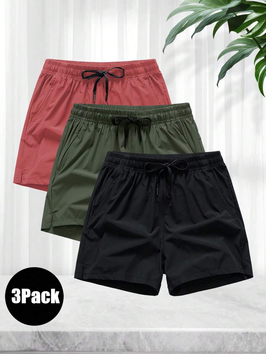3pcs Men's Sport Shorts Set, Summer,Father Day Gift, Thin Ice Silk Quick-Dry Shorts, Fashionable Casual Running Fitness Beach Shorts