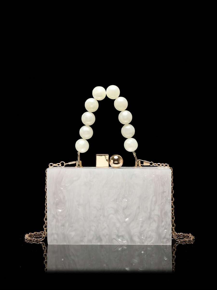 Acrylic Clutch Wallet, Marble Pattern Handbag, Women's Crossbody Bag With Pearl Chain, Formal Wedding/Gala