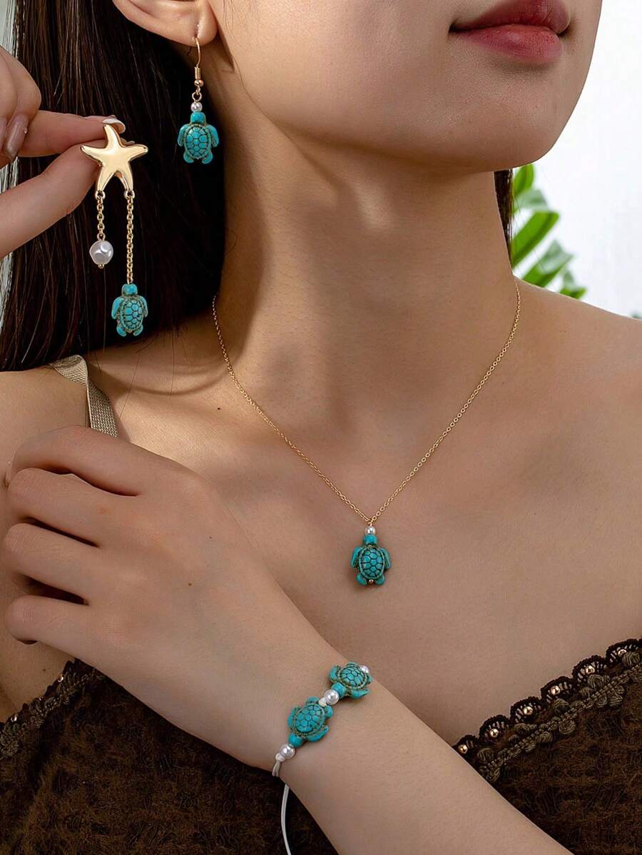 1 Set Summer Vocation Beach Style Blue Turquoise Stone Cute Sea Turtle Pendant Necklace Earring Bracelet Jewelry Set
