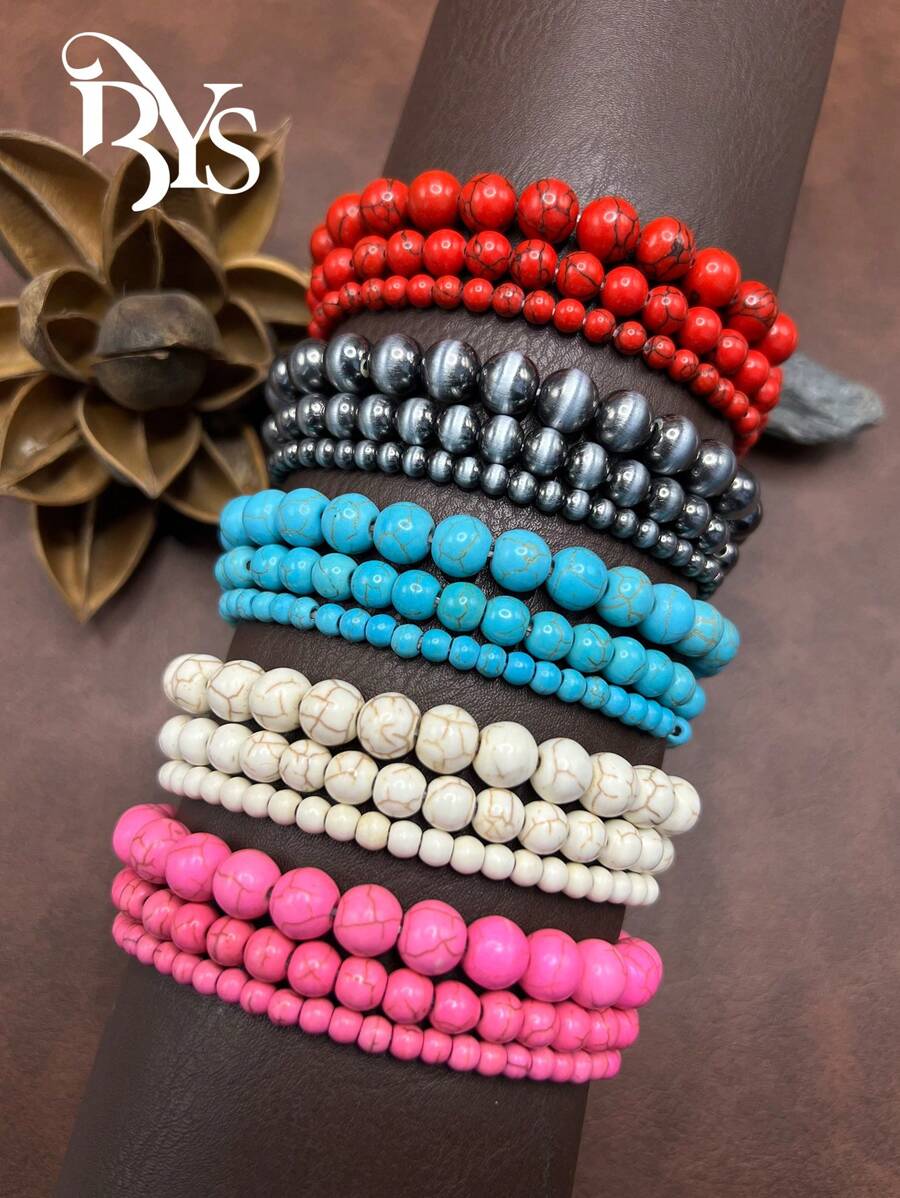 Pulseira de contas de 3 camadas estilo boêmio retrô da moda, feita de pedra/material CCB, adequada para mulheres/meninas para combinar com roupas do dia a dia, acessórios de festa, joias, presente para família/amigos/você mesmo