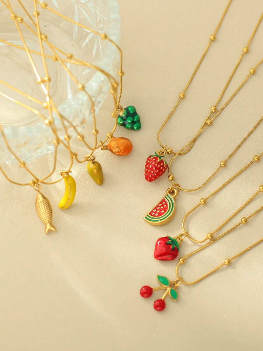 Colar de corrente de cobra dourada com pingente criativo de frutas, cereja e morango, acessório de colar feminino para férias de verão na praia, 1 peça