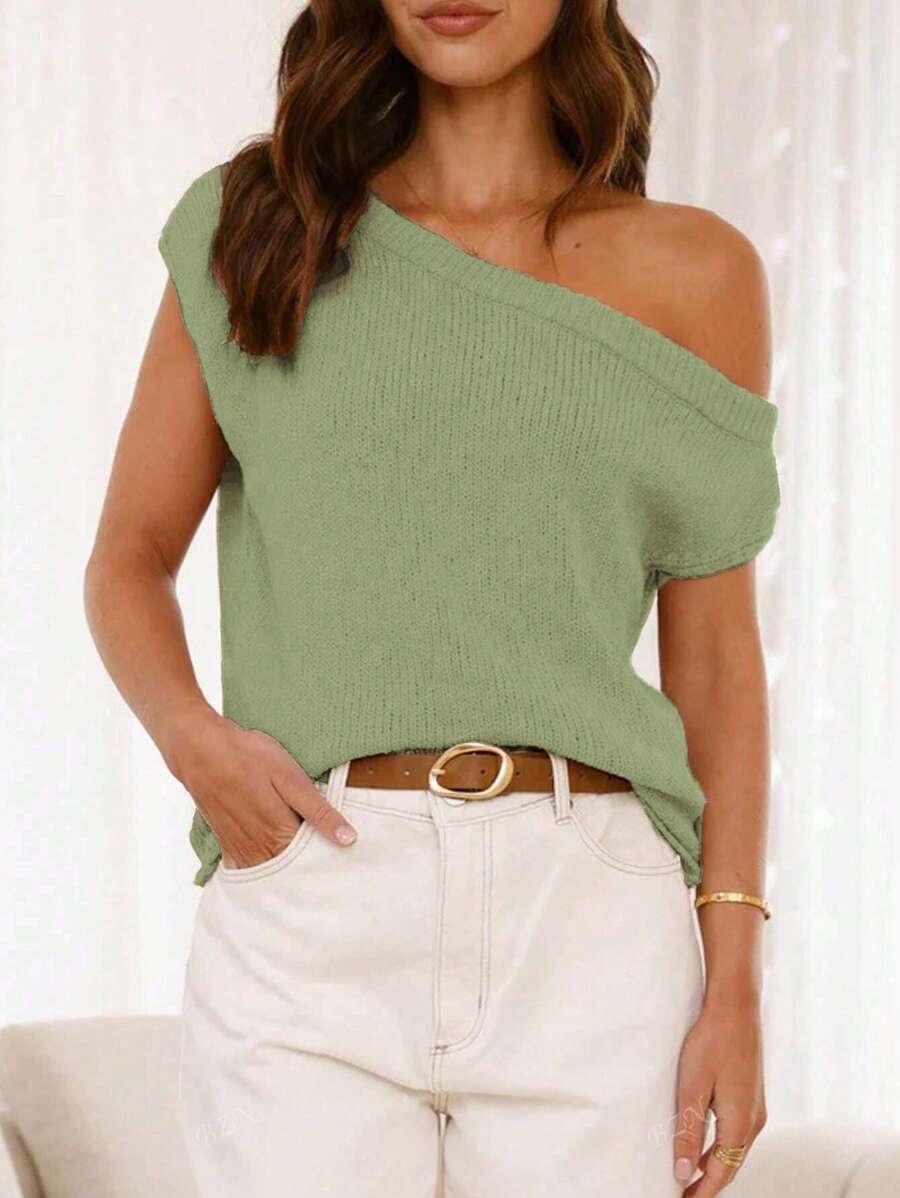 Maglione casual e comodo da donna con spalla obliqua, oversize, maniche corte, in maglia larga, top per uscire, adatto per primavera, estate e autunno