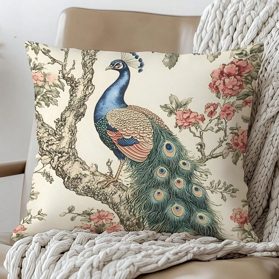 1 Stück Retro Pfau auf Ast Dekorativer Kissenbezug, Samtgewebe einseitig bedruckt, 45*45CM/18*18 Zoll Kissenhülle, geeignet für moderne minimalistische Sofas, Wohnzimmer Dekoration, Geschenk