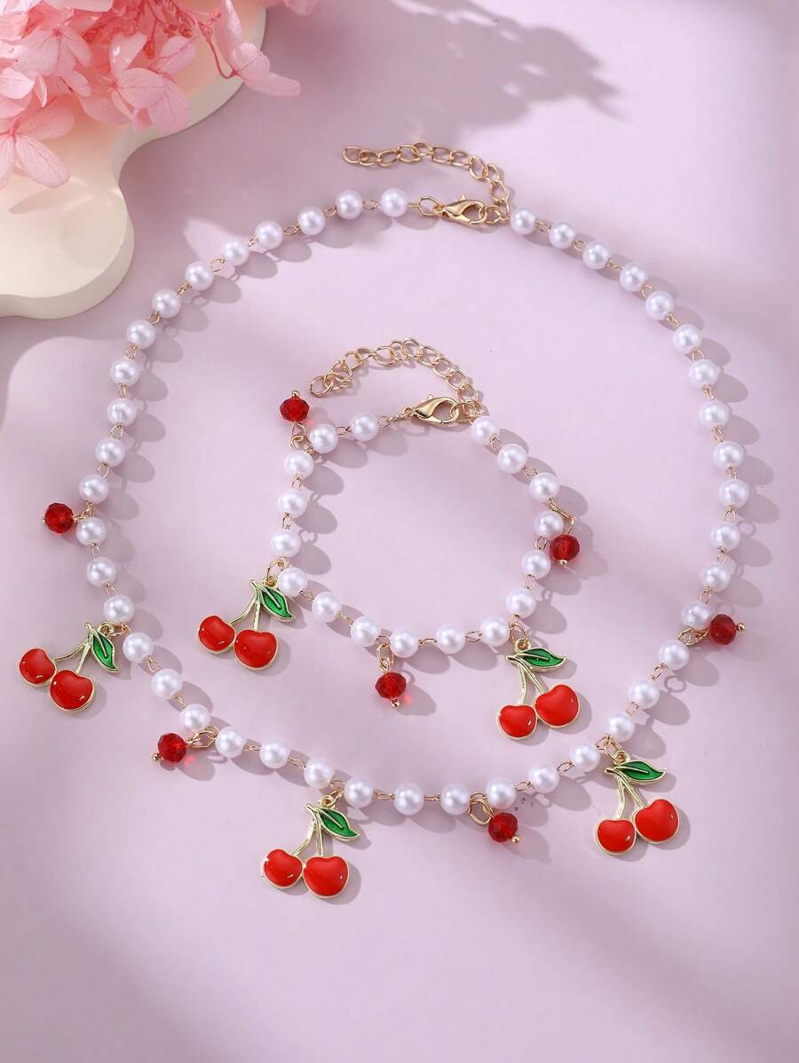 2 pezzi/set Collana e braccialetto in perle finte a forma di fragola e ciliegia, gioielli da ragazza, adatti per uso quotidiano, vacanze, feste, regali