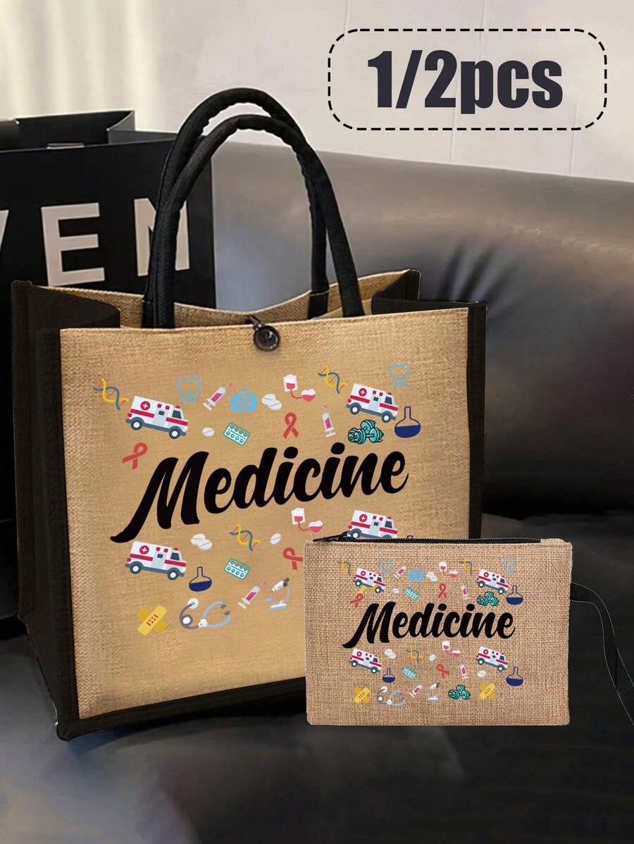 Conjunto de duas peças de linho com bordas amarelas e pretas, com as letras "Med" e estampas coloridas de suprimentos médicos, apresentando um design de nicho de bolsa de lona feminina da moda, bolsa de linho grosso com botões da moda, sacola de compras multifuncional, presente de agradecimento, design inovador, grande capacidade, presente personalizado para aniversários de casamento e de amigos, adequado para férias, vida cotidiana, passeios e compras de supermercado.
