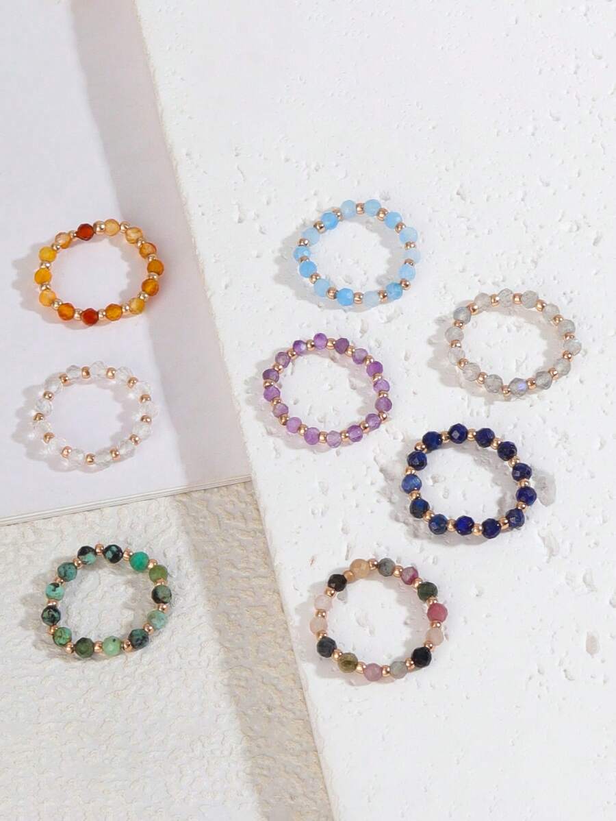 1pc European Style Jewelry, Natural Beryl Carved Beaded Elastic Ring For Women