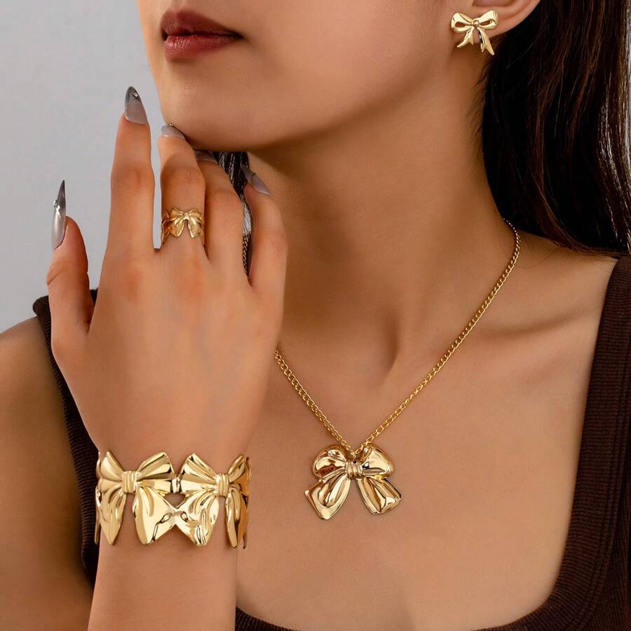 5pcs/Set European Vintage Style Bowknot Earrings, Necklace, Open Bracelet, Ring Jewelry Set