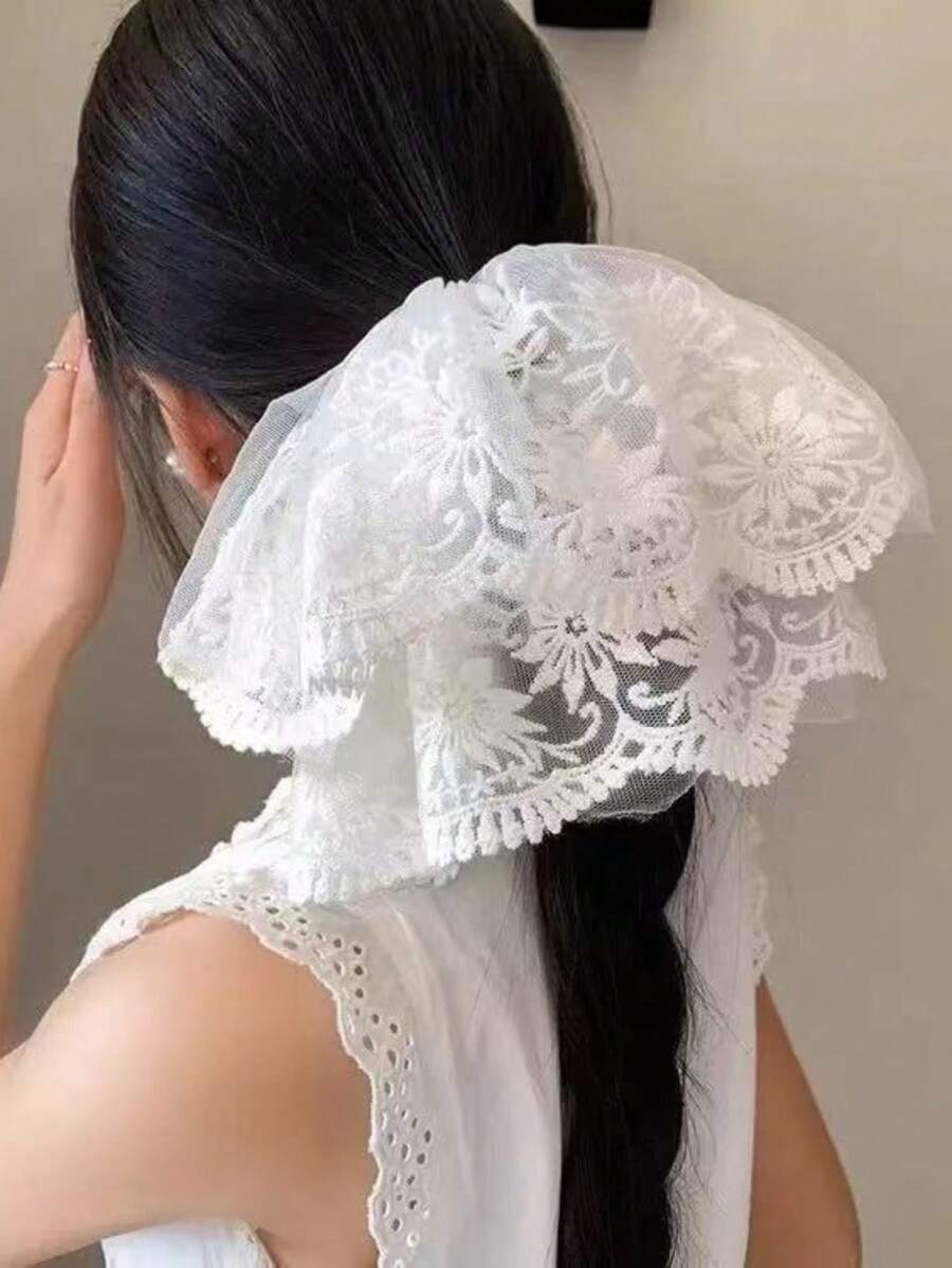 1pc Cute Lace Flower Decor Scrunchie, Premium Floral Print Double-Layer Hair Tie Ponytail Holder