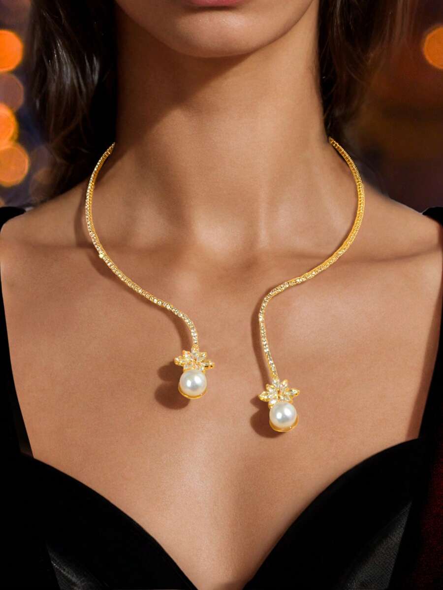 1 Pieza Collar dorado de lujo con decoración de strass y perla artificial para boda, fiesta y graduación, joyería de mujer