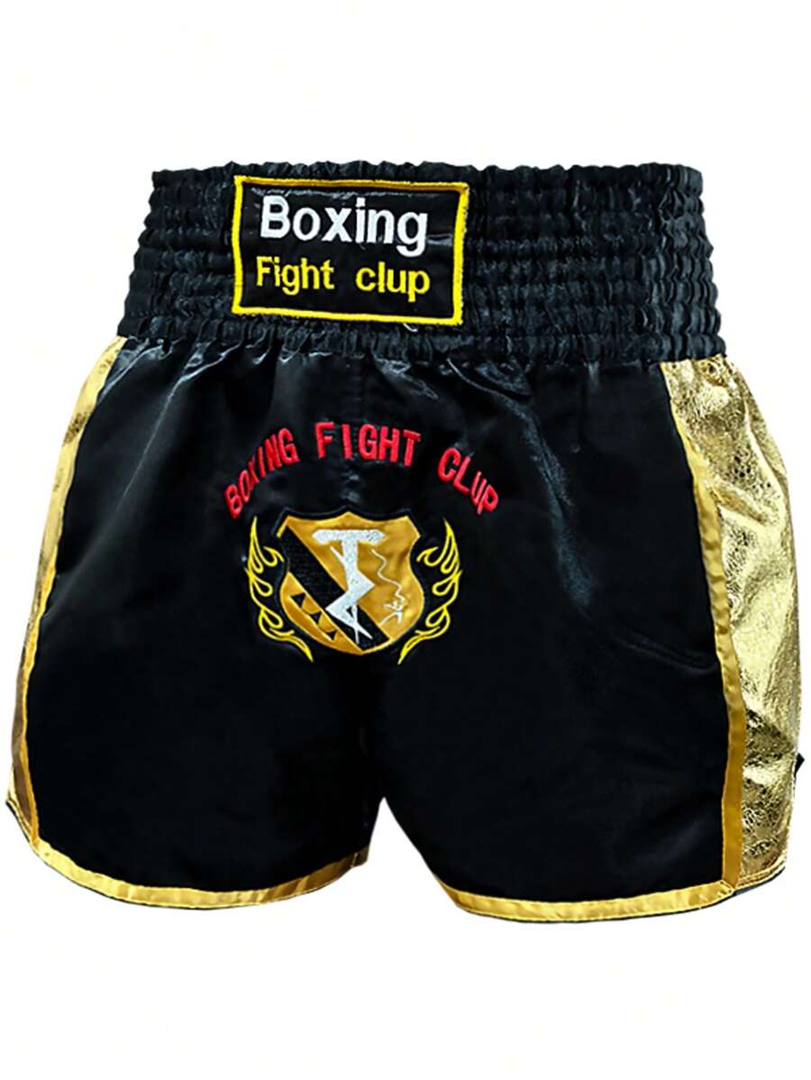 1pc Men's Black Boxing Shorts, Embroidered Sports Pants, Fighting & Training Muay Thai Shorts