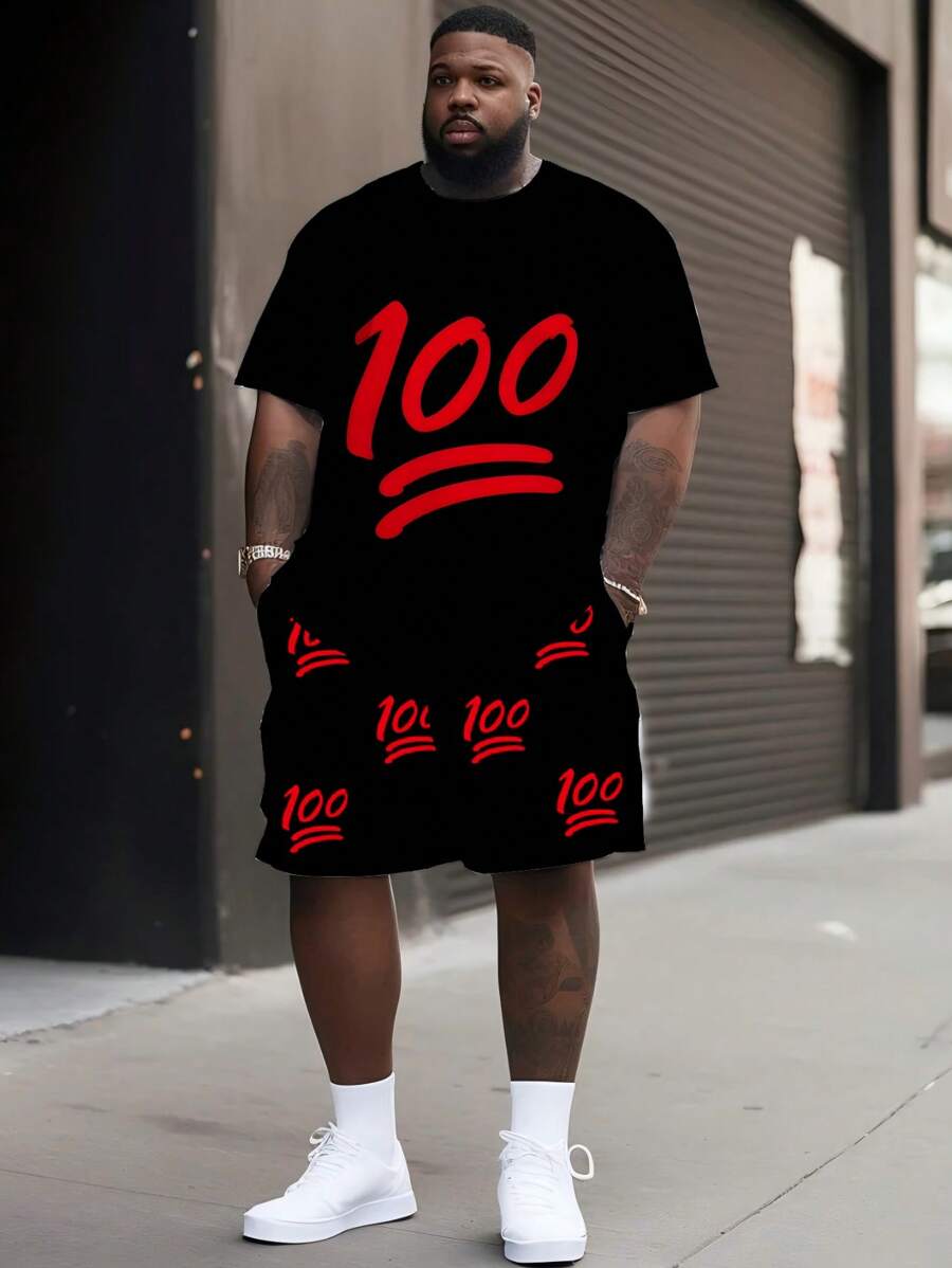 Conjunto de camiseta de manga corta y pantalón corto con estampado y número, para hombres talla grande, estilo minimalista de moda, camiseta de cuello redondo con pantalón corto con cordón, lavable a máquina, tela suave y transpirable para verano