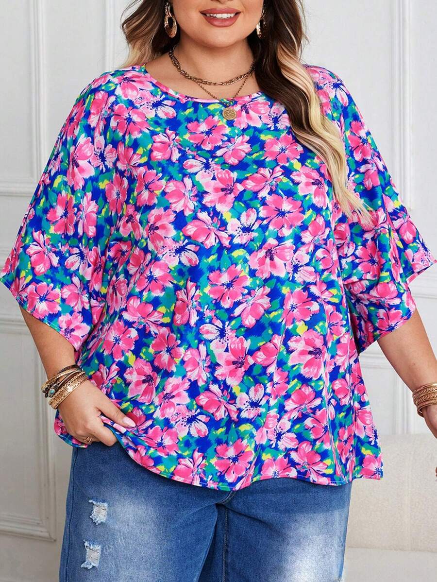 Woven Round Neck Plus Size Batwing Half Sleeve Floral All-Over Print Blouse, Casual Spring/Summer Vacation Wear For Plus Size Women