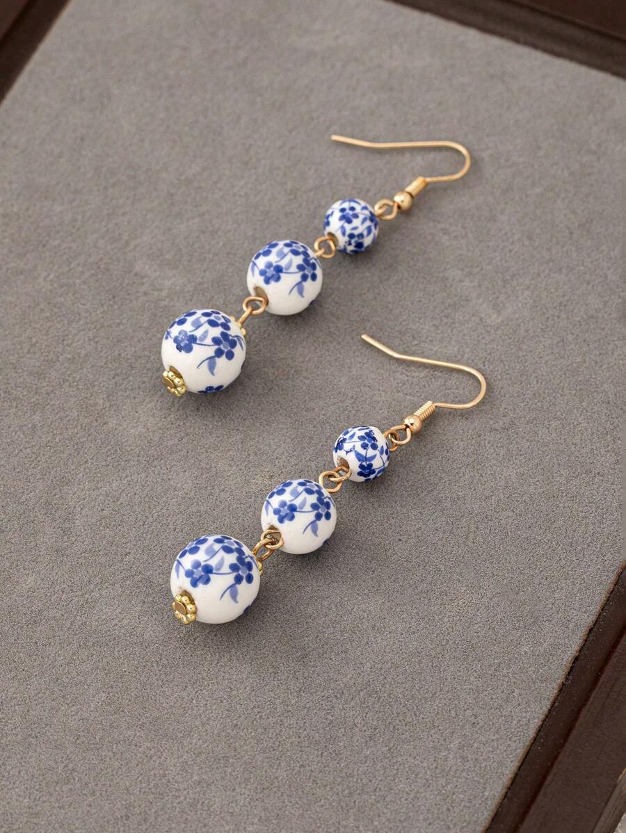 2 piezas de Elegantes pendientes de mujer de cuentas de cristal con borlas, estilo chino de porcelana azul y blanco con flores, multicolor, apropiados para fiestas, banquetes y uso diario