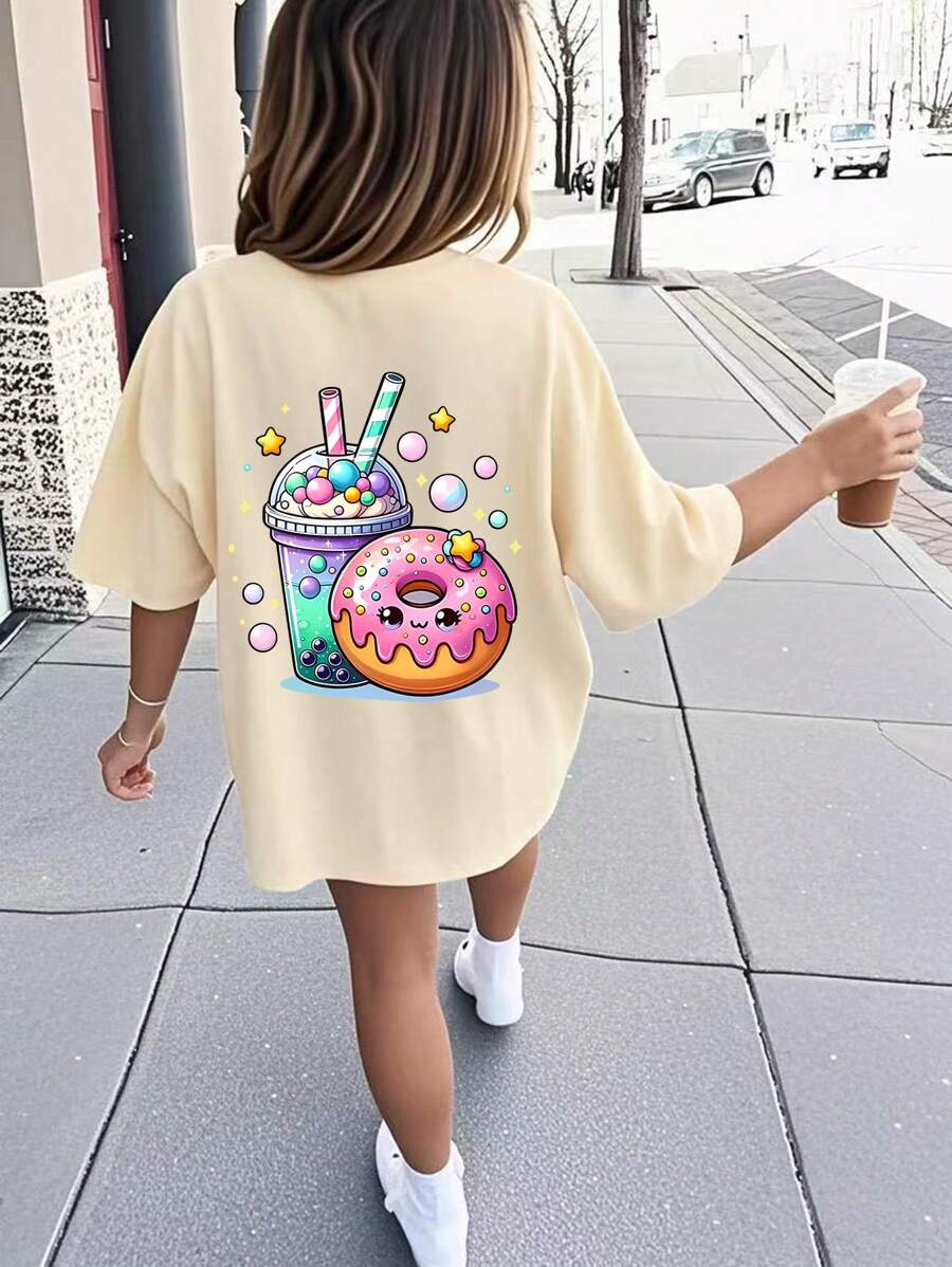Schattig T-shirt met ronde hals en drank- en donutprint voor tienermeisjes, zomertopje