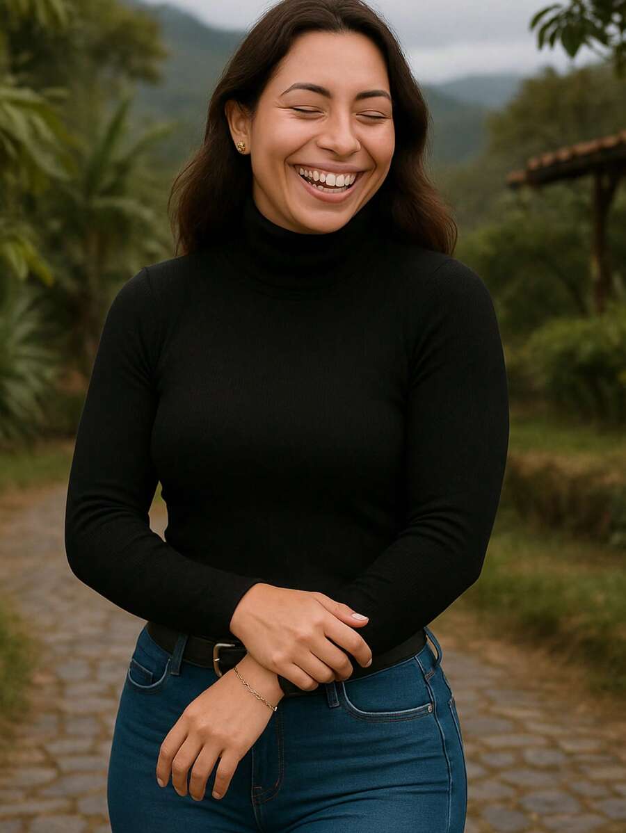 Blusa Feminina Manga Longa Gola Alta Estilo Clássico e Quentinho Simples Casual elegante Viscolycra