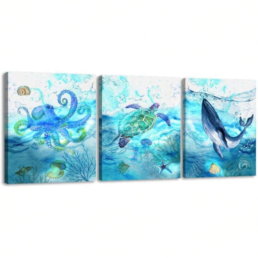 1 Set Of 3 Pcs Canvas Wall Art, Ocean Theme Animals, Modern Turtle Octopus Whale, Printed Craft Canvas Decoration For Home Decoration, Framed And Ready To Hang. ,Wall Art With Frame
