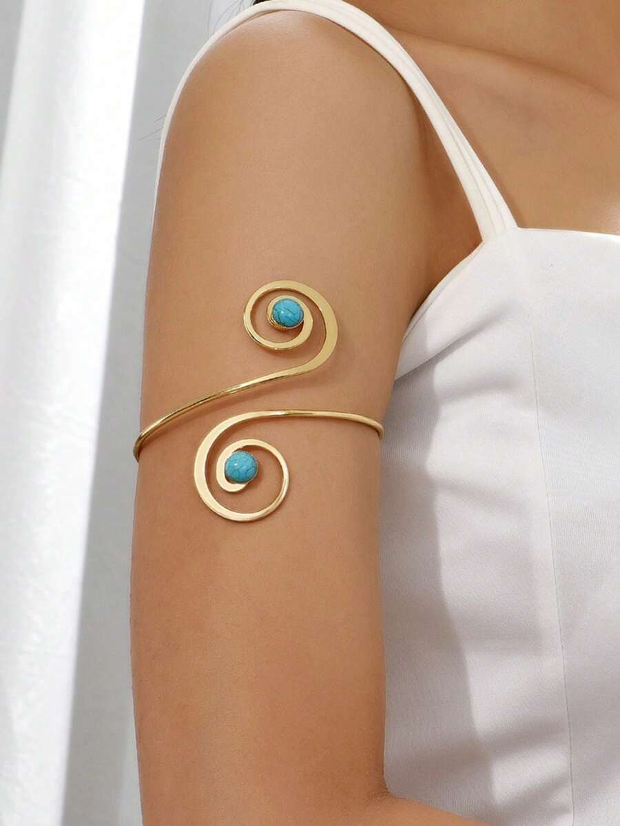 1 buc Brățară Bangle Turcoaz de înaltă calitate, accesoriu de nișă europeană și americană la modă, brățară reglabilă cu model turcoaz spiralat retro, potrivită pentru ținute zilnice, de vacanță și de petrecere pentru femei (Defecte minore ocazionale în fabricarea și ambalajul produsului)