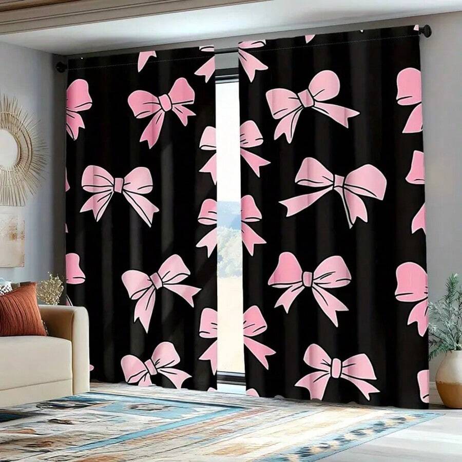 2pcs Blackout Curtains With Bow Print, Fashion Bedroom & Living Room Curtains, Polyester Fabric, Semi-Sheer, Machine Washable, Elegant Home Decor, Bedroom Decor | Cute Design | Semi-Sheer Curtains, Living Room Curtains