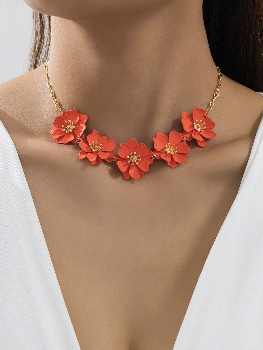 1 Pc Vibrant Orange Flower Shaped Double Layer Asymmetrical Five-Petal Pendant Necklace For Women, Suitable For Vacation, Daily Wear, Party Decoration, Gift Jewelry