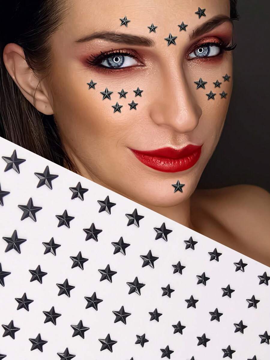 80pcs/Sheet Face Gems, Black Star Festival Jewels Self Adhesive Face Jewels Hair Gems Rhinestones, Rave Accessories Face Glitter, Rhinestone Stickers For Face, Eye, Makeup, Nail, Body, Crafts