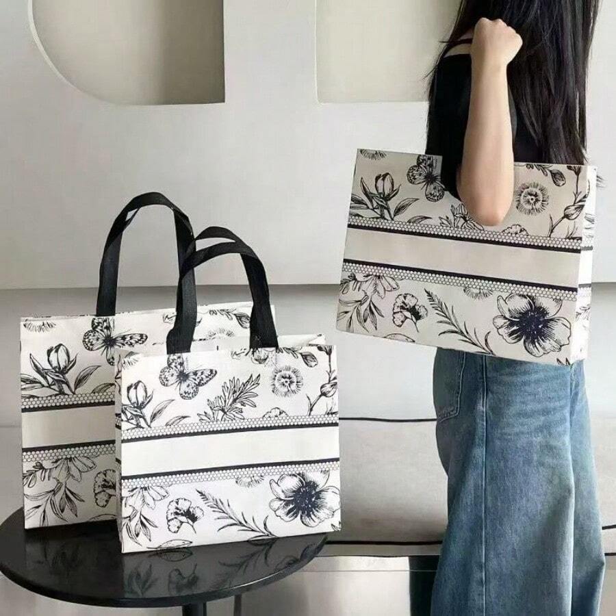 15pcs/Premium Retro Flower Covered Non-Woven Fabric Tote Bag, Clothing Store Shopping Bag, Clothing Gift Bag Summer Cooling,Beach,Travel