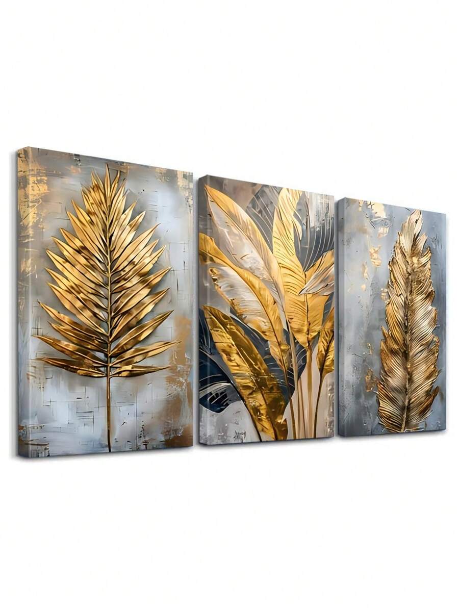 3 pièces Art mural moderne, Œuvre d'art décorative dorée, Affiches imprimées de feuilles, Peintures sur canevas de mode, Art mural élégant, Peintures classiques, Esthétique de la pièce, Décoration pour la maison, Cadeau idéal, Pour le salon, la chambre à coucher, la salle de bain, avec cadre en option