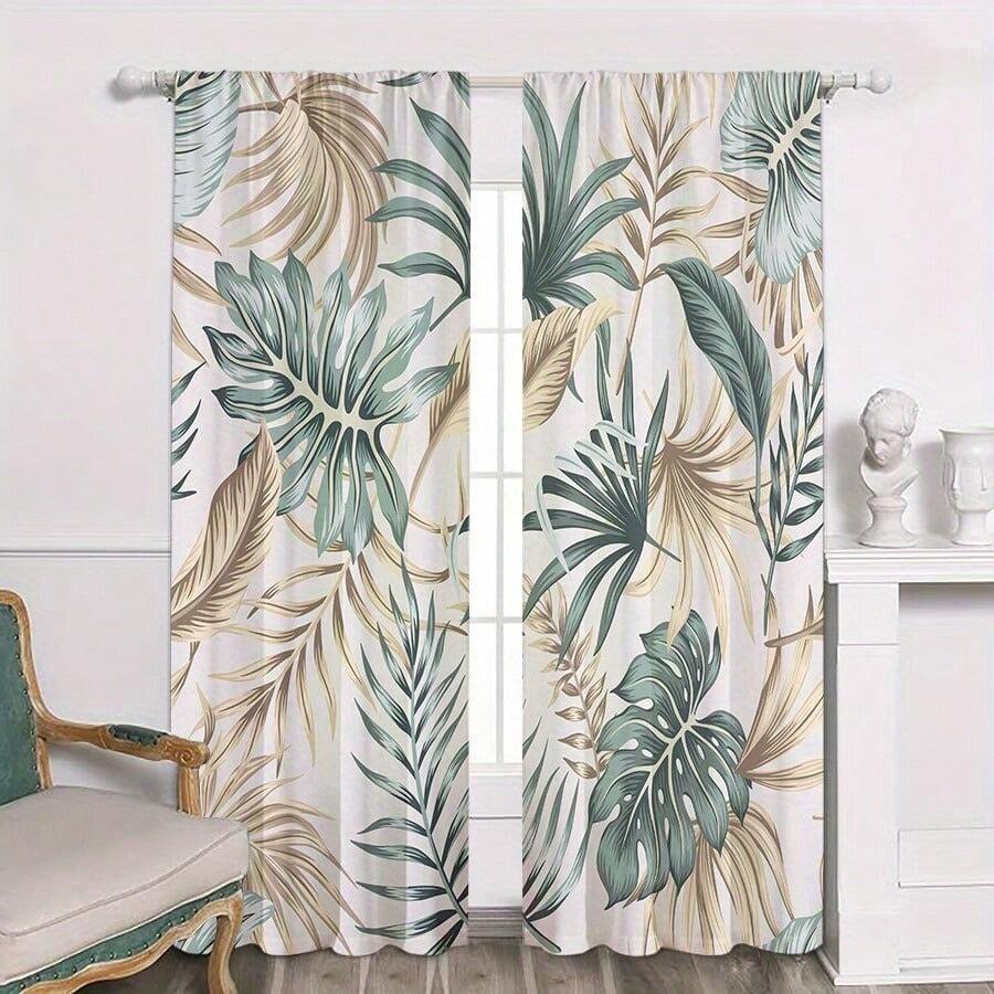 2pcs Turtle Leaf Print Curtains, Perfect For Bedroom, Office, Kitchen, Living Room And Study Room Decoration, Kitchen Window Decoration | Floral Pattern Curtains |