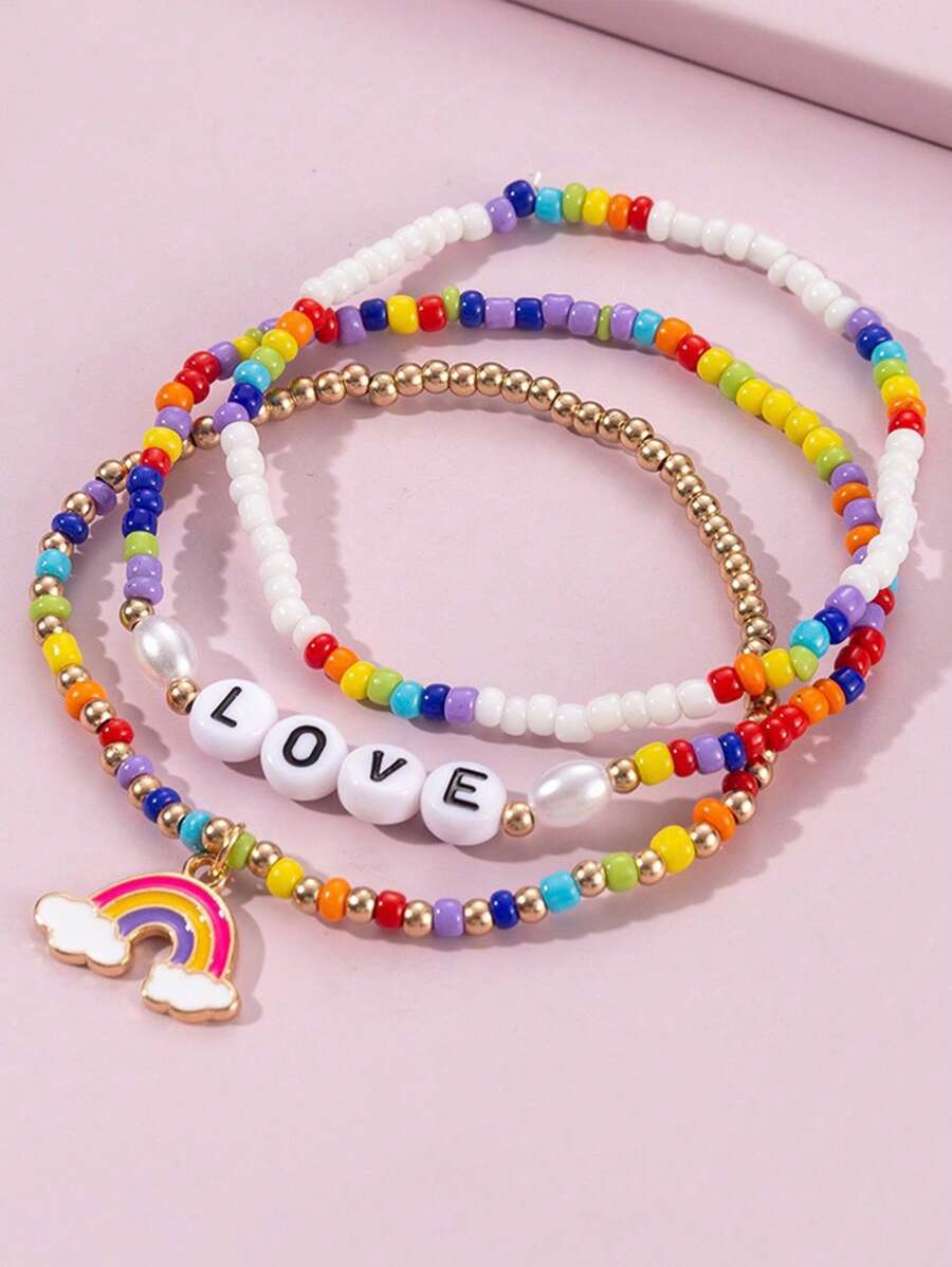 LOVE Letter Beaded Bracelet Set Rainbow Charm Jewelry Three Pieces Boho Hand Chain Gift For Women Girls