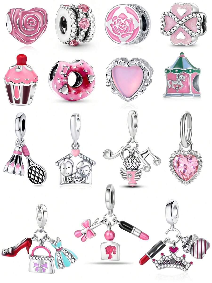 1 Pink Dream Series Love Rose, Four Leaf Clover, Cake, Carousel, Pink Love, Female Perfume Lipstick Small Skirt Beaded Pendant Accessories, Suitable For Bracelet Necklace DIY Jewelry Mother's Day Valentine's Day Often Jewelry Gifts