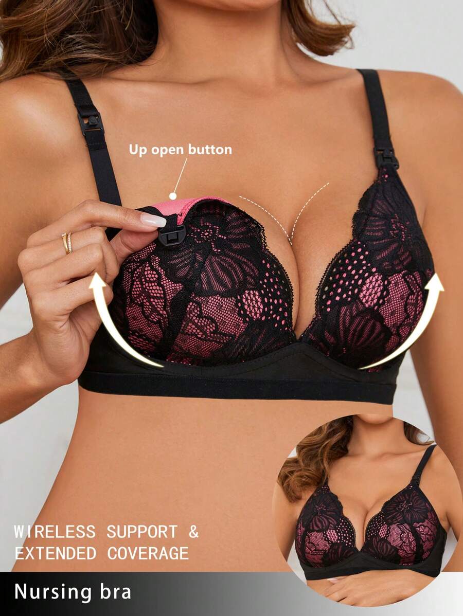 Maternity Lace Patchwork Contrast Color Adjustable Strap Back Clasp Nursing Lingerie Bra