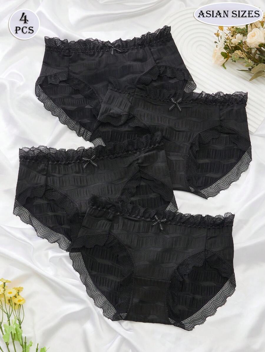 4PCS Women's Briefs, Seersucker Style, Comfortable, Soft, Sexy, Bow Design, Lace, Wavy Lace, Cute, Sweet Black Shorts, Bottom, Crotch, Lingerie, Summer Vacation