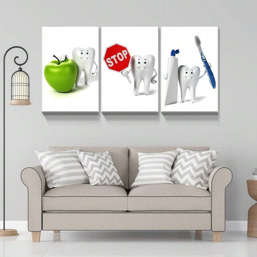 Set 3 dinți Zâmbet și îngrijire dentară Clean Bacteria Wall Art Canvas Painting Poster cu cadru pentru living modern, baie, dormitor, hotel, pensiune, coridor, studio, clasă, cameră pentru copii, clinică stomatologică, spital, cămin, birou de acasă Decor gata de agățat
