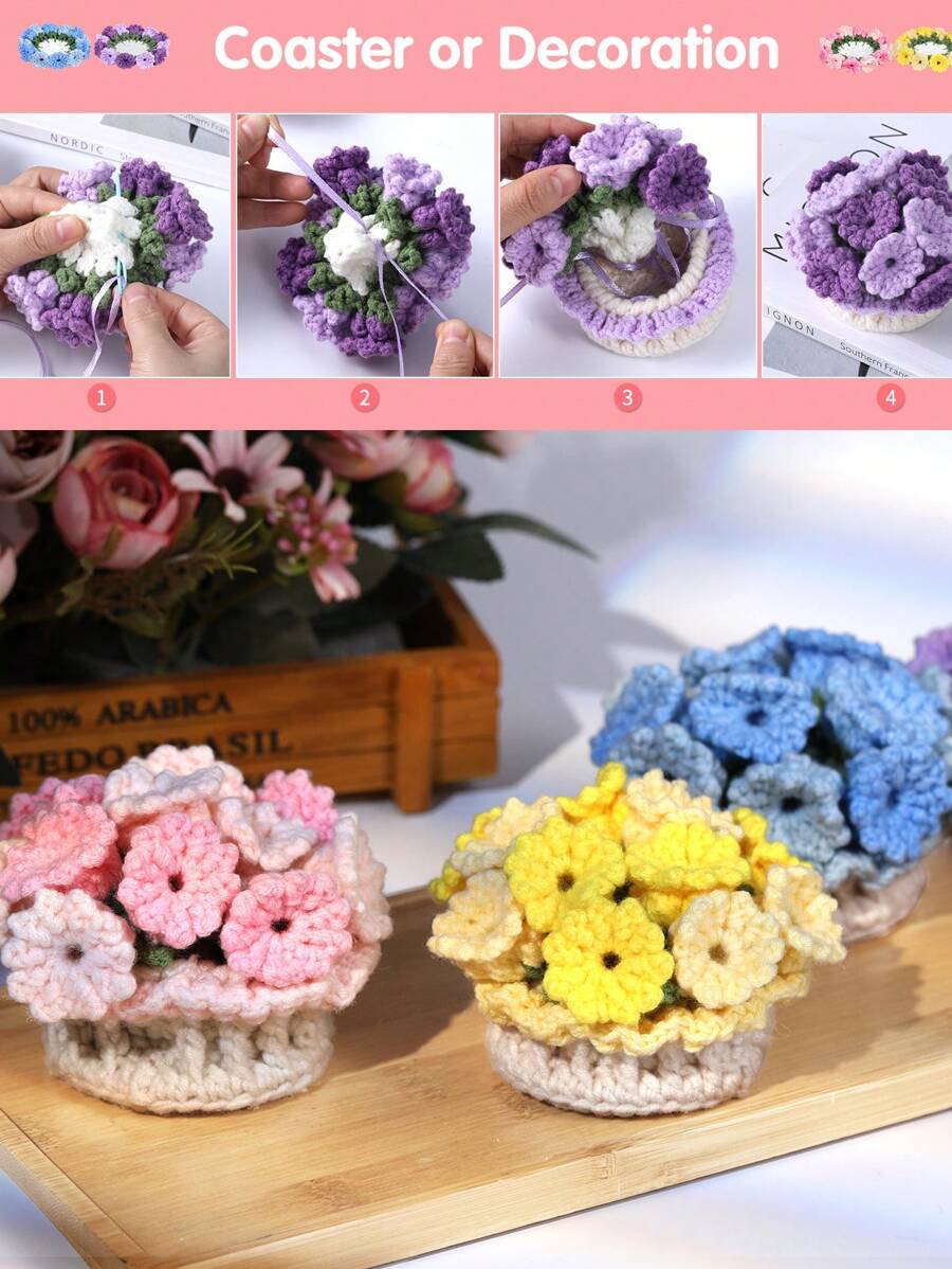 1 Conjunto Kit de Crochê para Iniciantes - 4 Peças Kit de Crochê de Porta-Copos e Vaso de Flores, Kit Iniciante de Crochê de Porta-Copos com Fios de Crochê, Ganchos, Tutoriais em Vídeo Fáceis para Crochê para Escritório, Mesa de Café, Decoração do Lar