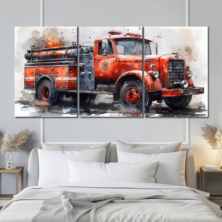 Set Of 3 Watercolor Fire Truck Wall Art Canvas Painting, Vintage Fire Truck Poster Print With Frame, Suitable For Modern Home Dining Room, Kitchen, Living Room, Bathroom, Apartment, B&B, Hallway, Studio, Kids Room, Nursery, Kindergarten, Classroom, Villa, Gallery, Nursery, Study, Home Office Decoration Ready To Hang ,Wall Art With Frame