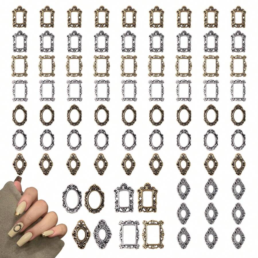 80pezzi Set di accessori per decorare unghie, cornici metalliche 3D colore dorato e argento, ciondoli per unghie a forma di rombo, ovale e rettangolo, stile retrò, adatto per decorazioni unghie in acrilico, design unghie fai-da-te, stile Y2k, articoli essenziali per arte di unghie e salone di bellezza