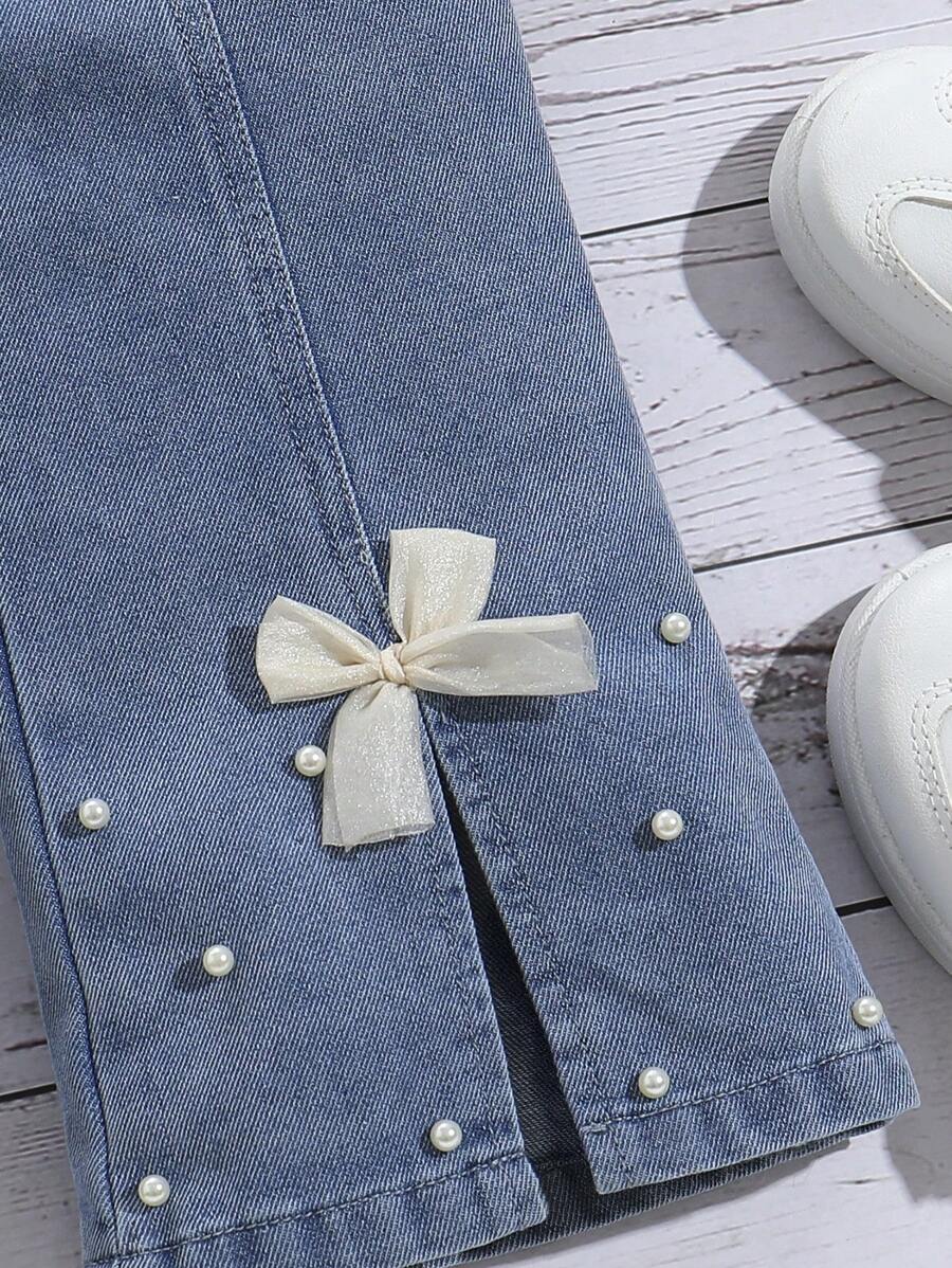 Jeans alla moda con gamba ampia da ragazza, pantaloni a vita alta con decorazioni in finta perla e fiocco, con orlo tagliato, novità