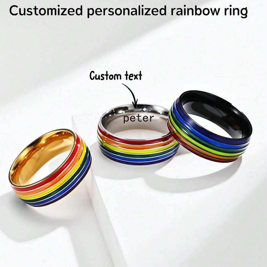 1 Peça Anel de Aço Titanium Elemento do Arco-íris Personalizado, Anel Exclusivo e Pessoal Revestido de Resina, Presente para Namorado/Namorada, Presente de Aniversário/Memorável, Presente da Moda, Presente do Mês do Orgulho, Gravado a Laser