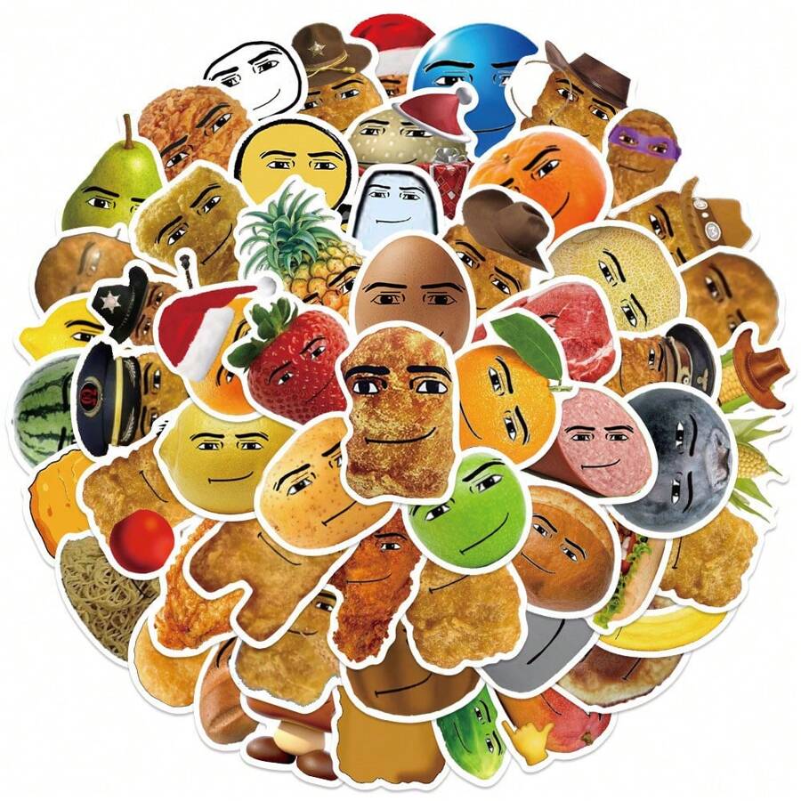 58Pcs Funny Smiling Food Meme Stickers Funny Chicken Nugget Stickers Meme Stickers Fruit Face Stickers Spoof Graffiti Decal Meme Gifts Vinly Waterproof Stickers For Water Bottle, Hydroflask, Guitar, Luggage, Phone, Case, Laptop, Skateboard, Gift