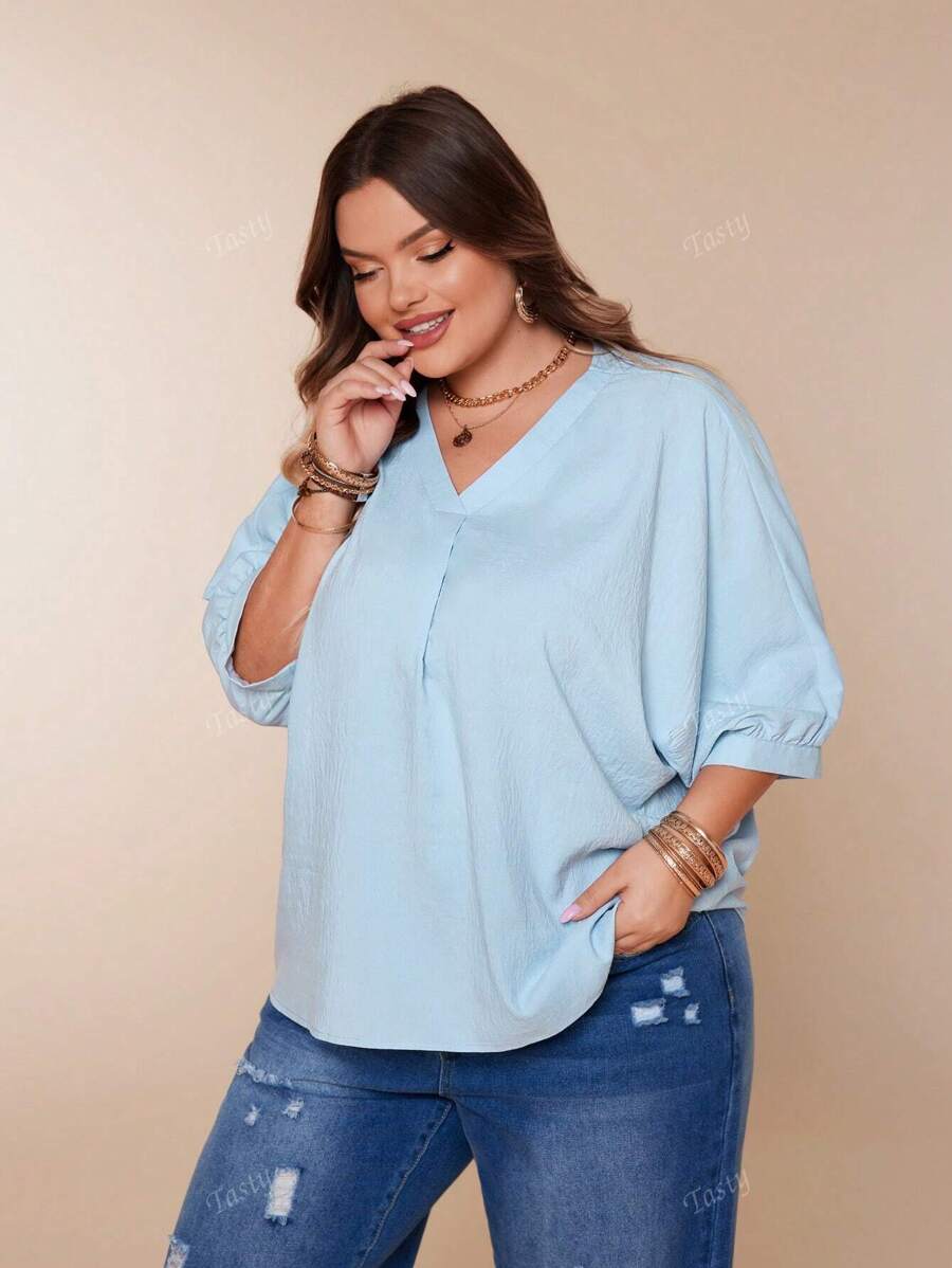 Plus Size Women Elegant Minimalist Solid Color V-Neck Batwing Sleeve Soft Blue Summer Top