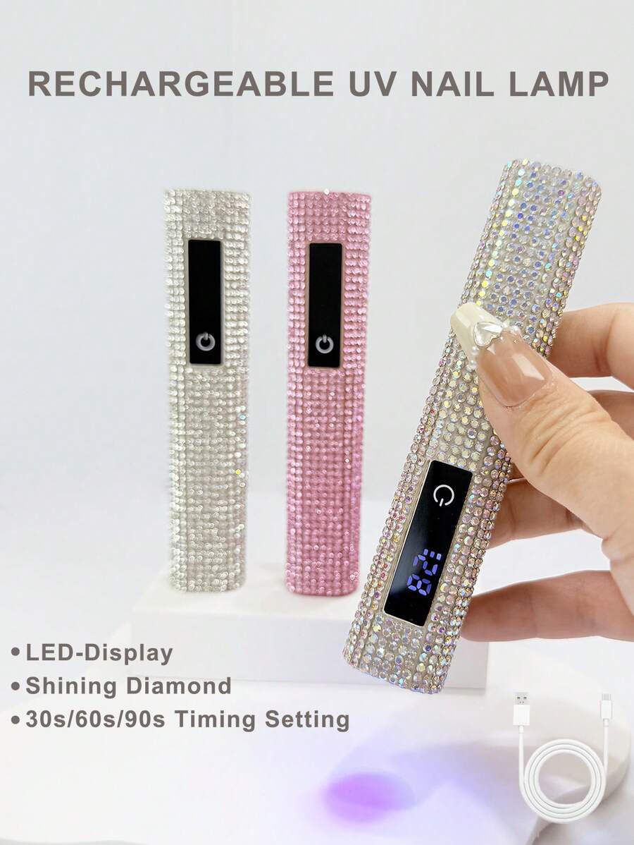 1 pieza Lámpara de uñas UV LED recargable y portátil con alimentación USB, con decoración de strass, pantalla LED, control de temporizador fácil, secador de uñas portátil, lámpara de curado de uñas de gel, forma hexagonal de diamante, bombillas LED de alta potencia, lente de aumento de 8X para un cuidado de uñas rápido y eficiente