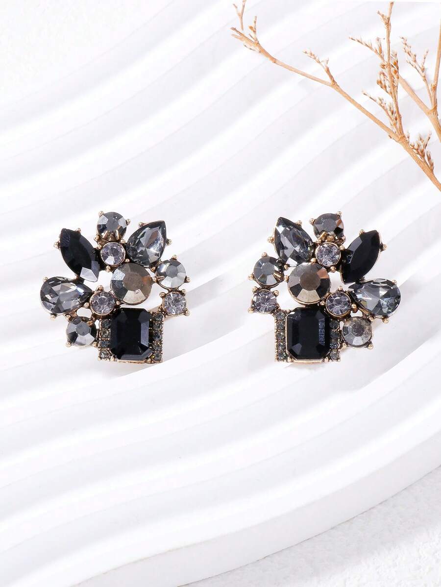 juran 1 Pair Floral Shaped Simple Fashion Rhinestone Earrings, Suitable For Daily Wear