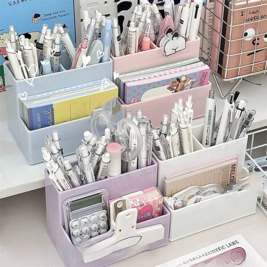 1pc 6-Compartment Cream Color Pen Holder, Simple Design Large Capacity Desk Organizer For Stationery, Makeup Brushes, Eyeliners And Other Beauty Tools Back To School